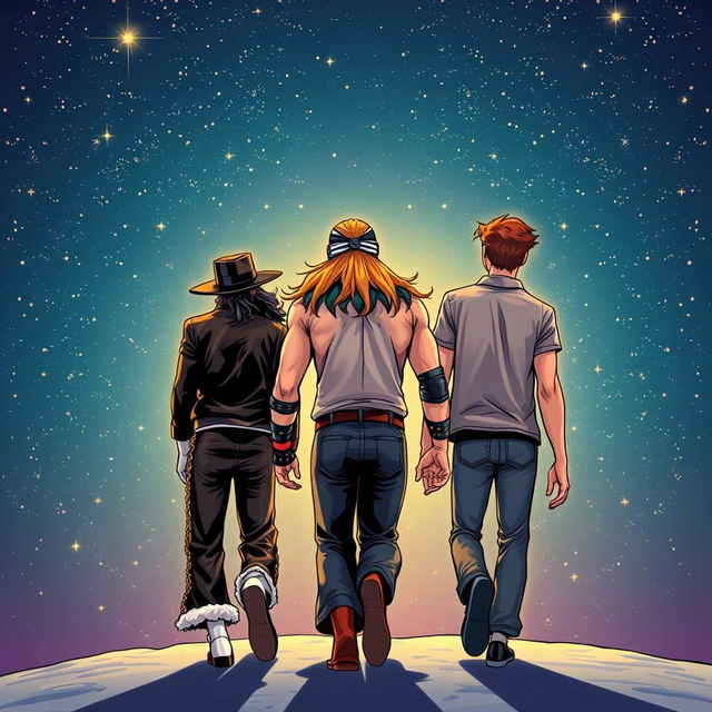 Three characters depicted in comic art style, walking from behind into a starry night sky