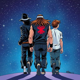 Three characters depicted in comic art style, walking from behind into a starry night sky