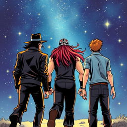 Three characters depicted in comic art style, walking from behind into a starry night sky