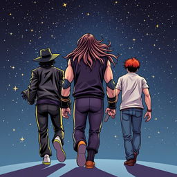 Three characters depicted in comic art style, walking from behind into a starry night sky