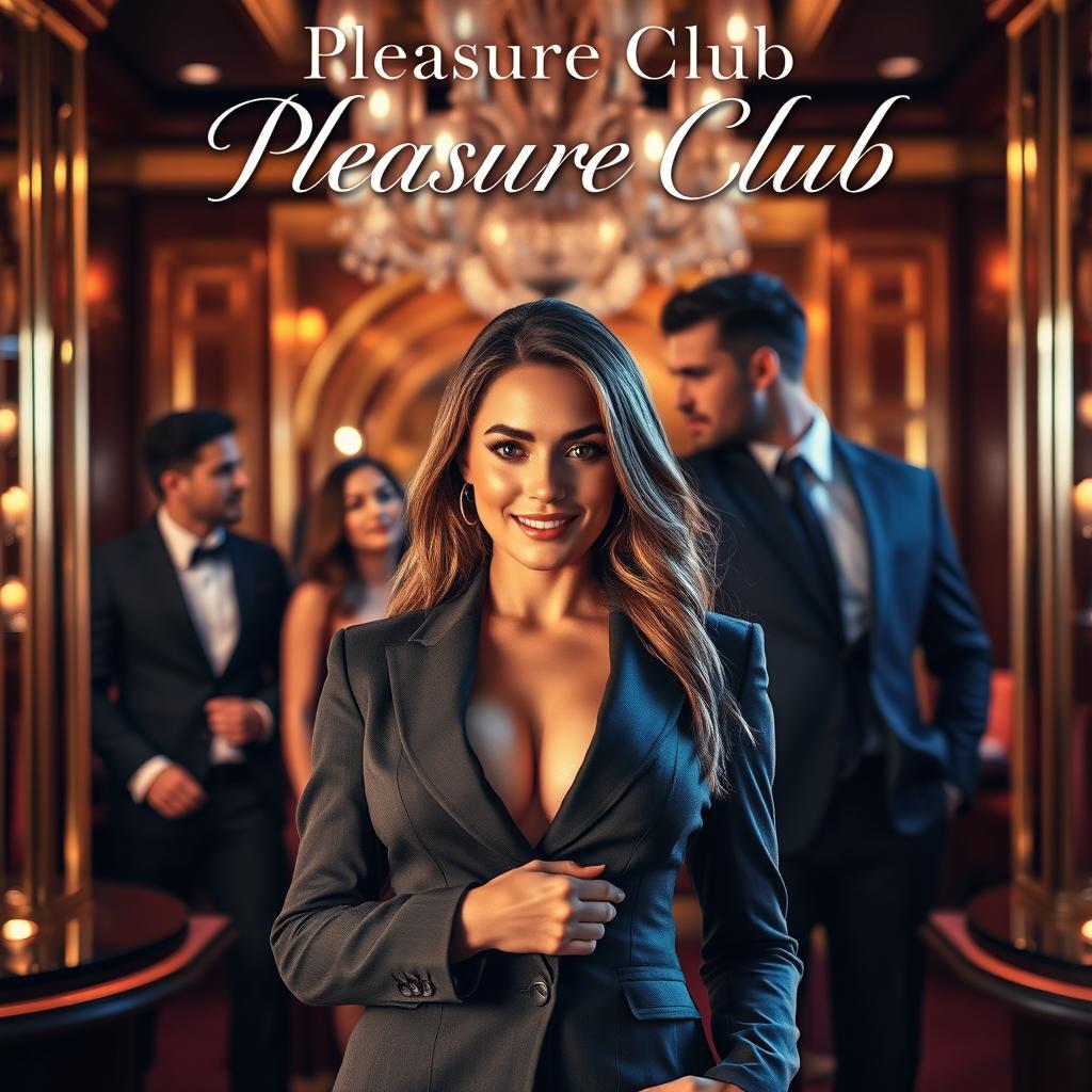 A captivating book cover for the erotic romance novel 'Pleasure Club', featuring a stunning female manager in a sleek and elegant suit prominently in the foreground