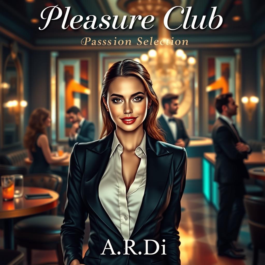 A captivating book cover for the erotic romance novel 'Pleasure Club', featuring a stunning female manager in a sleek and elegant suit prominently in the foreground