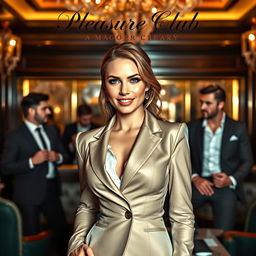 A captivating book cover for the erotic romance novel 'Pleasure Club', featuring a stunning female manager in a sleek and elegant suit prominently in the foreground