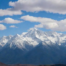 A serene landscape of a beautiful mountain range with snow-capped peaks, under a sky filled with fluffy white clouds.