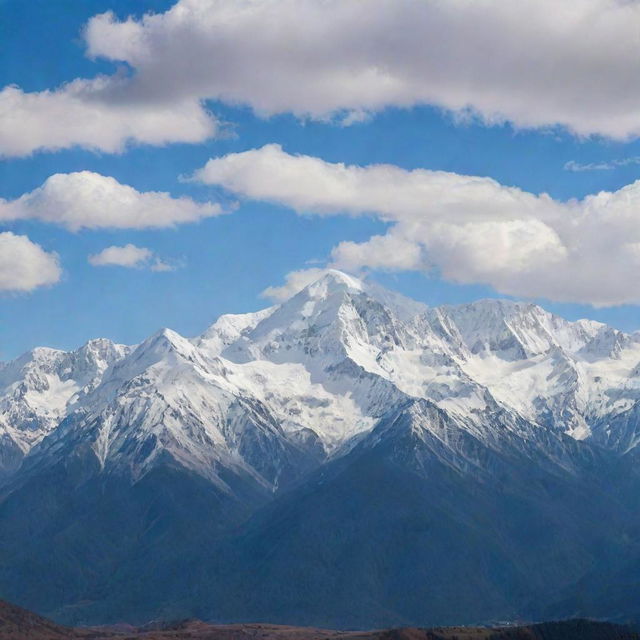 A serene landscape of a beautiful mountain range with snow-capped peaks, under a sky filled with fluffy white clouds.