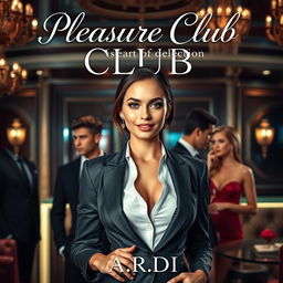 A captivating book cover for the erotic romance novel 'Pleasure Club', featuring a stunning female manager in a sleek and elegant suit prominently in the foreground