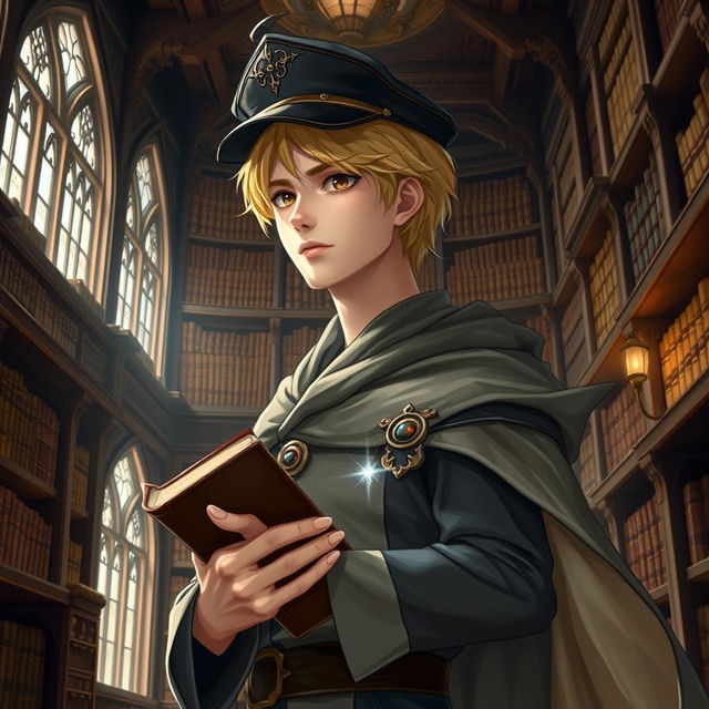 A 25-year-old male human mage with short blonde hair and expressive brown eyes stands in a majestic library