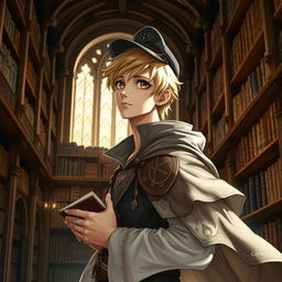 A 25-year-old male human mage with short blonde hair and expressive brown eyes stands in a majestic library