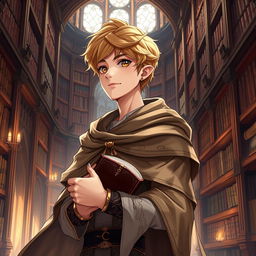 A 25-year-old male human mage with short blonde hair and expressive brown eyes stands in a majestic library