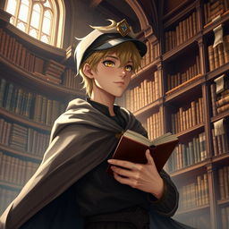 A 25-year-old male human mage with short blonde hair and expressive brown eyes stands in a majestic library