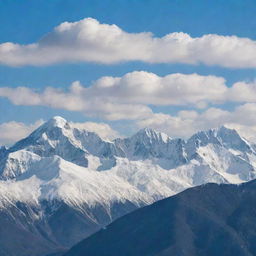 A serene landscape of a beautiful mountain range with snow-capped peaks, under a sky filled with fluffy white clouds.