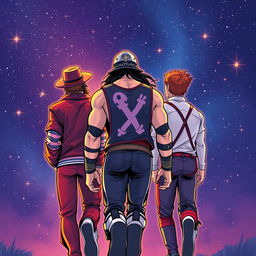 Three characters depicted in a vibrant comic art style: a thriller-dressed Michael Jackson, with his iconic hat and jacket, the muscular Ultimate Warrior with his face paint and wrestling attire, and a young man with copper hair, all walking together from behind into a starry night sky filled with twinkling stars and a sense of adventure