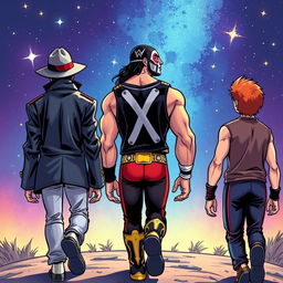 Three characters depicted in a vibrant comic art style: a thriller-dressed Michael Jackson, with his iconic hat and jacket, the muscular Ultimate Warrior with his face paint and wrestling attire, and a young man with copper hair, all walking together from behind into a starry night sky filled with twinkling stars and a sense of adventure