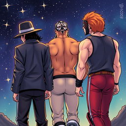 Three characters depicted in a vibrant comic art style: a thriller-dressed Michael Jackson, with his iconic hat and jacket, the muscular Ultimate Warrior with his face paint and wrestling attire, and a young man with copper hair, all walking together from behind into a starry night sky filled with twinkling stars and a sense of adventure