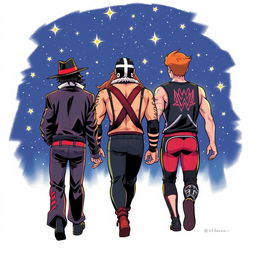 Three characters depicted in a vibrant comic art style: a thriller-dressed Michael Jackson, with his iconic hat and jacket, the muscular Ultimate Warrior with his face paint and wrestling attire, and a young man with copper hair, all walking together from behind into a starry night sky filled with twinkling stars and a sense of adventure