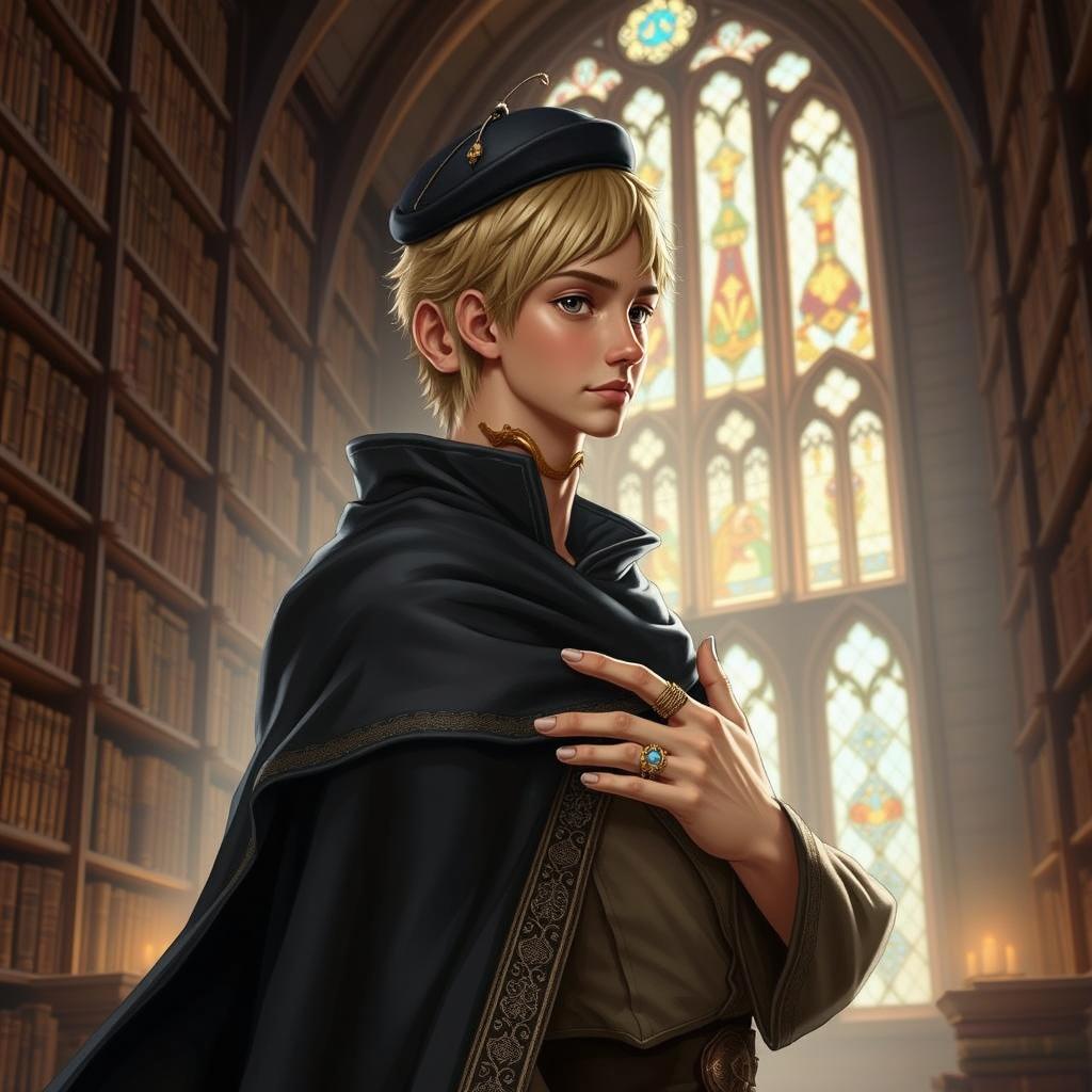 A 25-year-old male human mage with short blonde hair and warm brown eyes stands confidently in a grand library