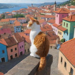 A cartoon cat perched high, glancing down at the picturesque town beneath them. The town is characterized by beautiful architecture and vibrant colours.