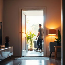 A modern home interior featuring an open door with warm, inviting light flooding into the room