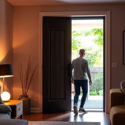 A modern home interior featuring an open door with warm, inviting light flooding into the room