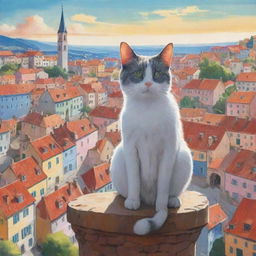 A cartoon cat perched high, glancing down at the picturesque town beneath them. The town is characterized by beautiful architecture and vibrant colours.