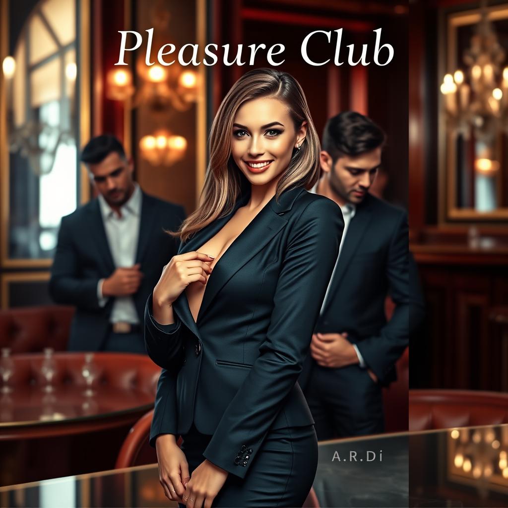 A seductive book cover for the erotic romance novel 'Pleasure Club', showcasing a beautiful female manager in a sophisticated suit, positioned prominently in the foreground