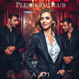 A seductive book cover for the erotic romance novel 'Pleasure Club', showcasing a beautiful female manager in a sophisticated suit, positioned prominently in the foreground