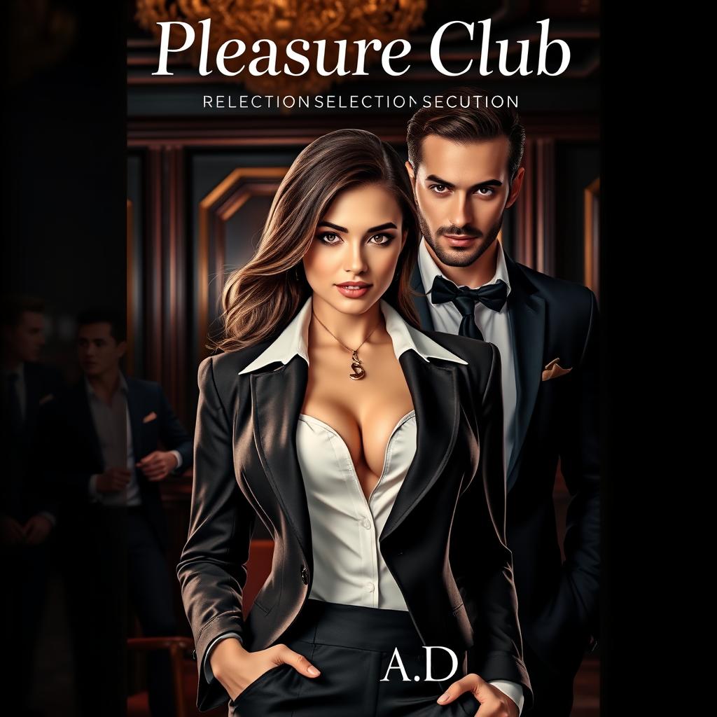 A seductive book cover for the erotic romance novel 'Pleasure Club', showcasing a beautiful female manager in a sophisticated suit, positioned prominently in the foreground