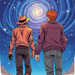 A dynamic comic art scene featuring two characters from behind, vividly illustrated in a thrilling style