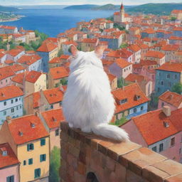 A cartoon cat perched high, glancing down at the picturesque town beneath them. The town is characterized by beautiful architecture and vibrant colours.