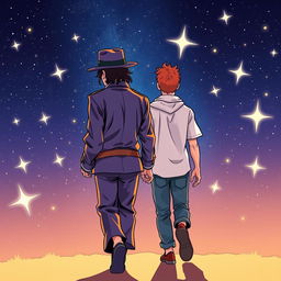 A vibrant comic art style illustration featuring two characters from behind