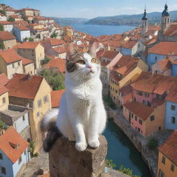 A cartoon cat perched high, glancing down at the picturesque town beneath them. The town is characterized by beautiful architecture and vibrant colours.