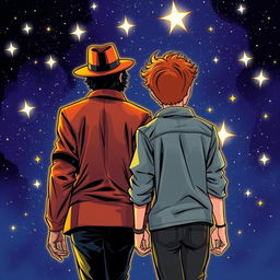 A vibrant comic art style illustration featuring two characters from behind