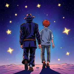 A vibrant comic art style illustration featuring two characters from behind