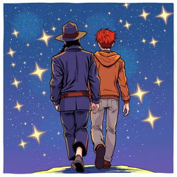 A vibrant comic art style illustration featuring two characters from behind