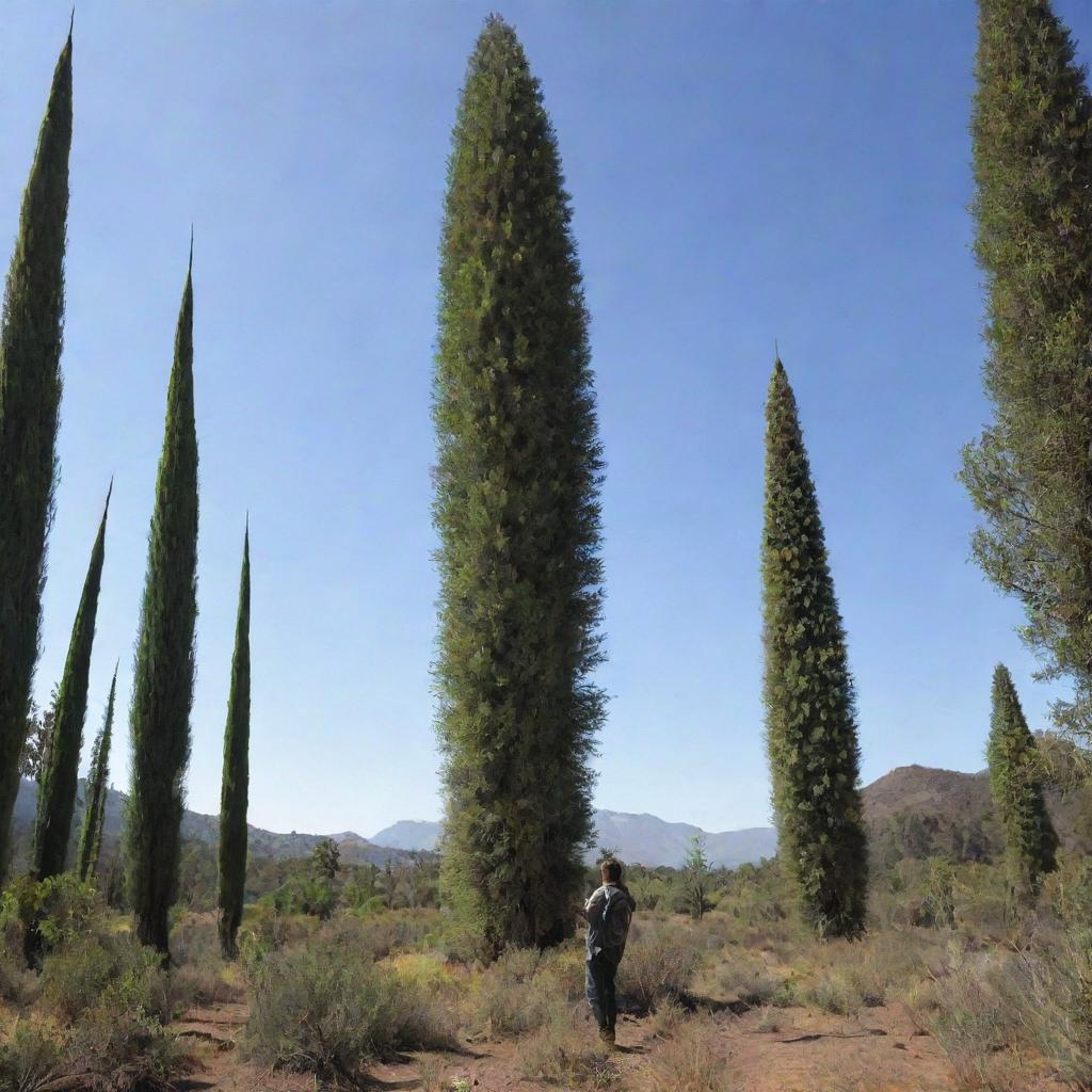 An image providing a scale comparison of the world's tallest flower, Puya raimondii, next to a normal-sized human. The human figure, dwarfed by the towering stature of the flower, accentuates the awe-inspiring height of this botanical giant.