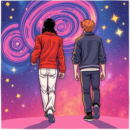 A comic art style illustration featuring two characters walking side by side from behind