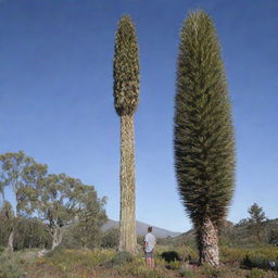 An image providing a scale comparison of the world's tallest flower, Puya raimondii, next to a normal-sized human. The human figure, dwarfed by the towering stature of the flower, accentuates the awe-inspiring height of this botanical giant.