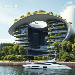 An exquisite super photorealistic illustration of a groundbreaking building designed to mimic the silhouette of Ukraine, featuring a prominent large opening that distinctly resembles the map of Ukraine itself