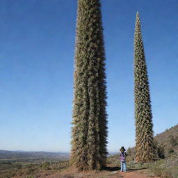 An image providing a scale comparison of the world's tallest flower, Puya raimondii, next to a normal-sized human. The human figure, dwarfed by the towering stature of the flower, accentuates the awe-inspiring height of this botanical giant.