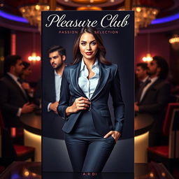 An enticing book cover for the erotic romance novel 'Pleasure Club', featuring a beautiful female manager in a stylish business suit on the front, exuding confidence and allure