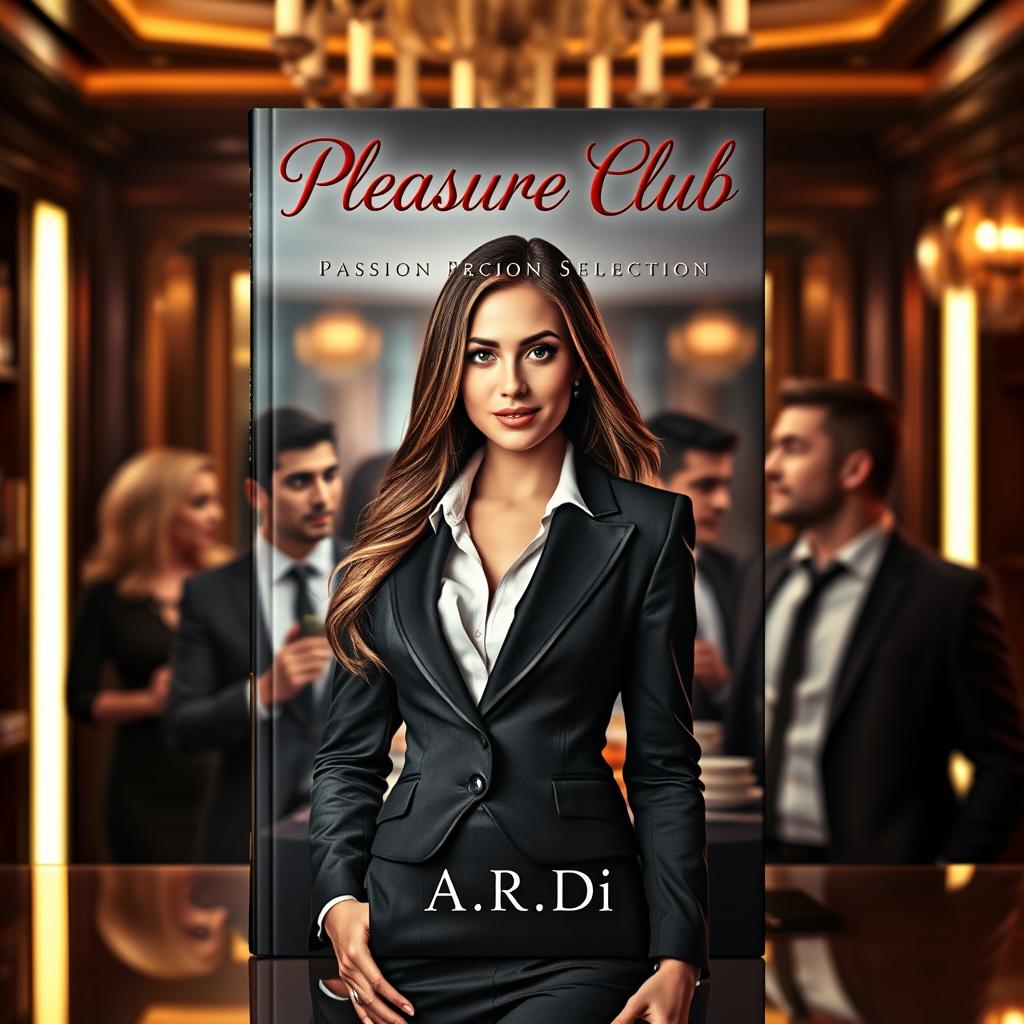 An enticing book cover for the erotic romance novel 'Pleasure Club', featuring a beautiful female manager in a stylish business suit on the front, exuding confidence and allure