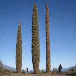 An image providing a scale comparison of the world's tallest flower, Puya raimondii, next to a normal-sized human. The human figure, dwarfed by the towering stature of the flower, accentuates the awe-inspiring height of this botanical giant.