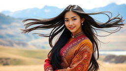 A beautiful Mongolian woman, featuring traditional attire combined with modern fashion elements, confidently posing against a backdrop of scenic landscapes that include rolling grasslands and distant mountains, her long black hair flowing elegantly in the wind, with striking facial features and a captivating smile, capturing both cultural heritage and contemporary allure