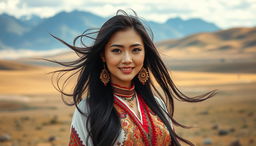 A beautiful Mongolian woman, featuring traditional attire combined with modern fashion elements, confidently posing against a backdrop of scenic landscapes that include rolling grasslands and distant mountains, her long black hair flowing elegantly in the wind, with striking facial features and a captivating smile, capturing both cultural heritage and contemporary allure