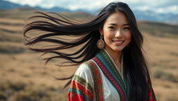 A beautiful Mongolian woman, featuring traditional attire combined with modern fashion elements, confidently posing against a backdrop of scenic landscapes that include rolling grasslands and distant mountains, her long black hair flowing elegantly in the wind, with striking facial features and a captivating smile, capturing both cultural heritage and contemporary allure