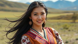 A beautiful Mongolian woman, featuring traditional attire combined with modern fashion elements, confidently posing against a backdrop of scenic landscapes that include rolling grasslands and distant mountains, her long black hair flowing elegantly in the wind, with striking facial features and a captivating smile, capturing both cultural heritage and contemporary allure