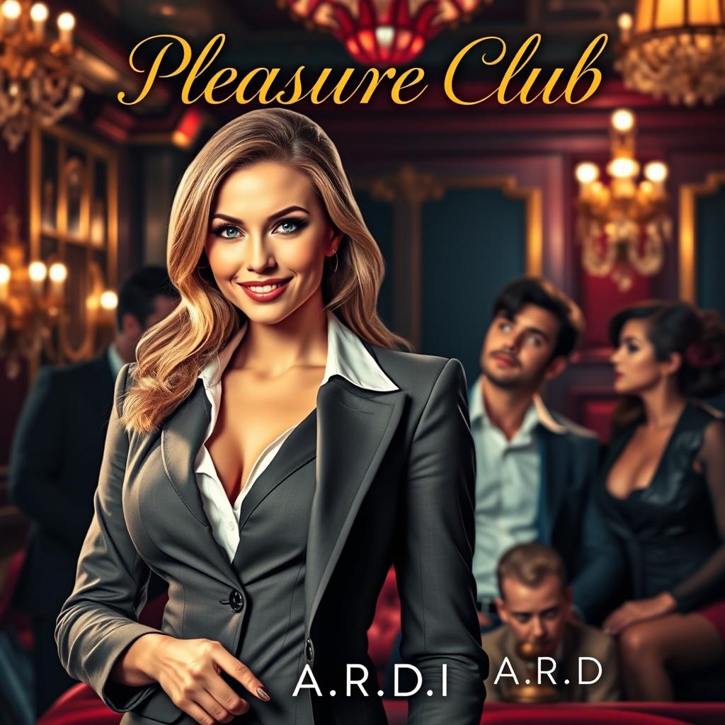 An alluring book cover for the erotic romance novel 'Pleasure Club', featuring a striking female manager in a stylish business suit at the forefront, embodying a blend of strength and sensuality