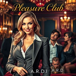 An alluring book cover for the erotic romance novel 'Pleasure Club', featuring a striking female manager in a stylish business suit at the forefront, embodying a blend of strength and sensuality