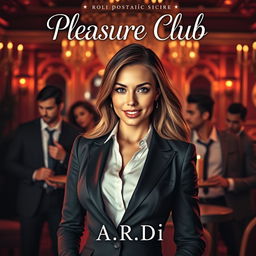 An alluring book cover for the erotic romance novel 'Pleasure Club', featuring a striking female manager in a stylish business suit at the forefront, embodying a blend of strength and sensuality