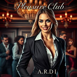 An alluring book cover for the erotic romance novel 'Pleasure Club', featuring a striking female manager in a stylish business suit at the forefront, embodying a blend of strength and sensuality